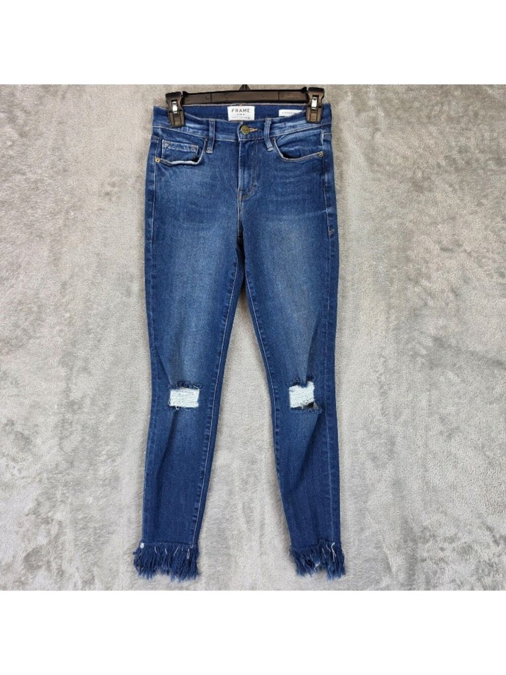 FRAME Le Skinny De Jeanne Jeans Womens 26 Blue Med Wash Fringe Hem Distressed